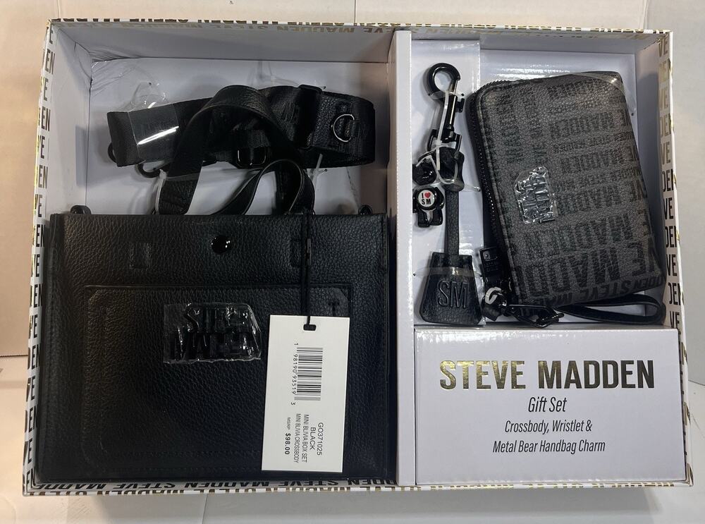 Steve Madden Black Crossbody Wristlet Bear Charm Gift Set NWT $98